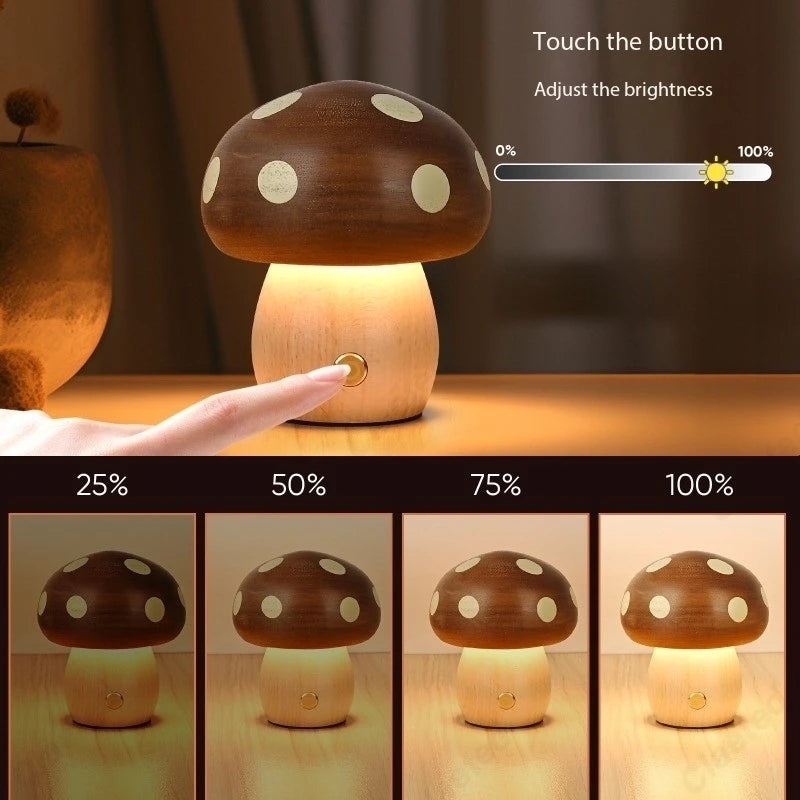 Creative LED Solid Wood Mushroom Night Light Bedroom Bedside Atmosphere Lighting Children'S Room Desk Lamp