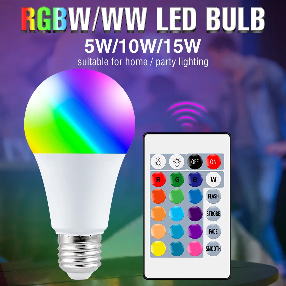 220V E27 RGB LED Bulb Lights 5W 10W 15W RGBWW Light 110V LED Lampada Changeable Colorful RGBW LED Lamp with IR Remote Control