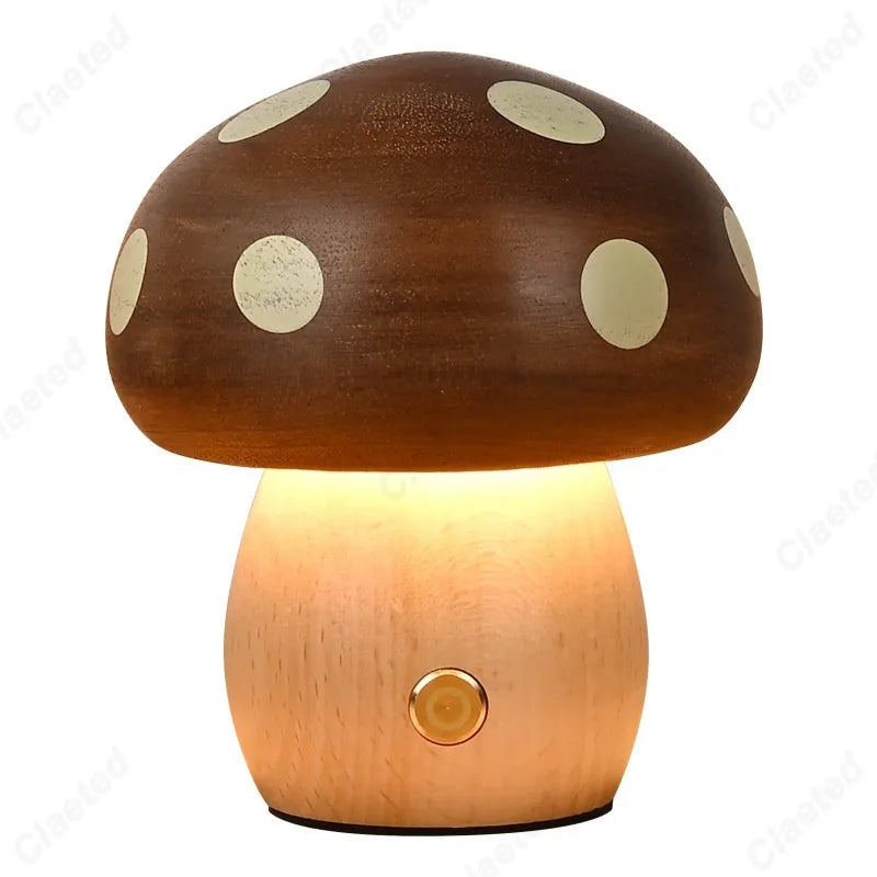 Creative LED Solid Wood Mushroom Night Light Bedroom Bedside Atmosphere Lighting Children'S Room Desk Lamp