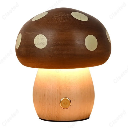 Creative LED Solid Wood Mushroom Night Light Bedroom Bedside Atmosphere Lighting Children'S Room Desk Lamp
