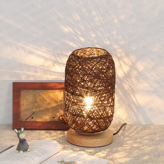 Wooden Base Rattan Twine Ball Lights Table Lamp Home Decor Living Room Bedroom Bedside Desk Lamp Night Light USB and EU Plug