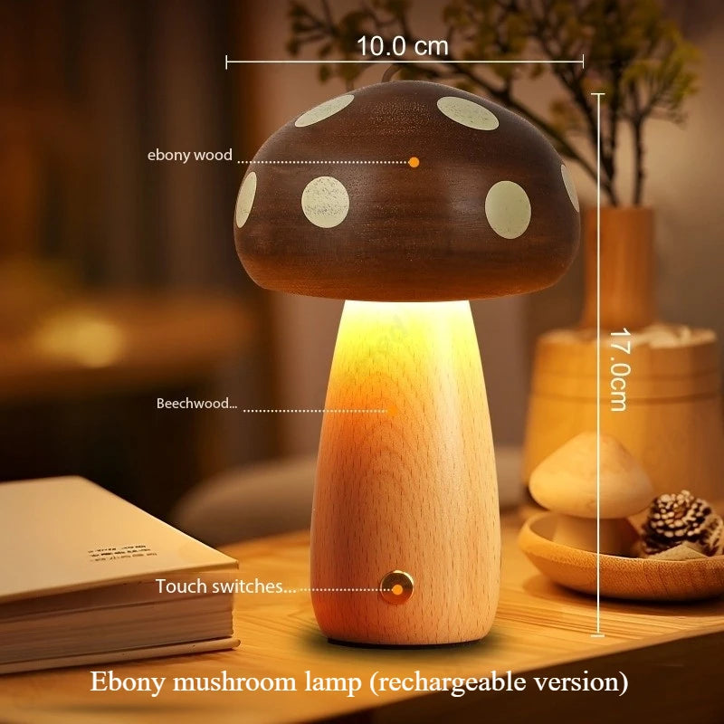Creative LED Solid Wood Mushroom Night Light Bedroom Bedside Atmosphere Lighting Children'S Room Desk Lamp