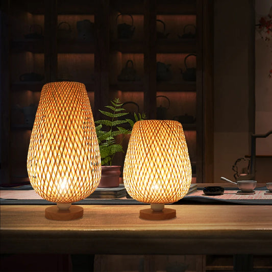 Vintage Bamboohandicraft Table Lamps Handmade Bedroom Bedside Desk Lights Living Room Decor Warm Bamboo Wood Lamp