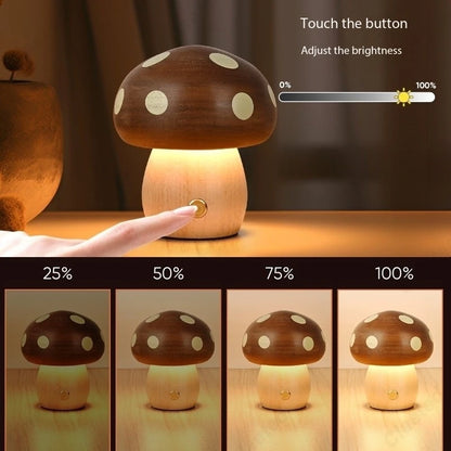 Creative LED Solid Wood Mushroom Night Light Bedroom Bedside Atmosphere Lighting Children'S Room Desk Lamp