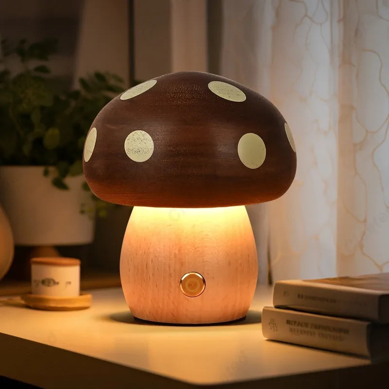 Creative LED Solid Wood Mushroom Night Light Bedroom Bedside Atmosphere Lighting Children'S Room Desk Lamp