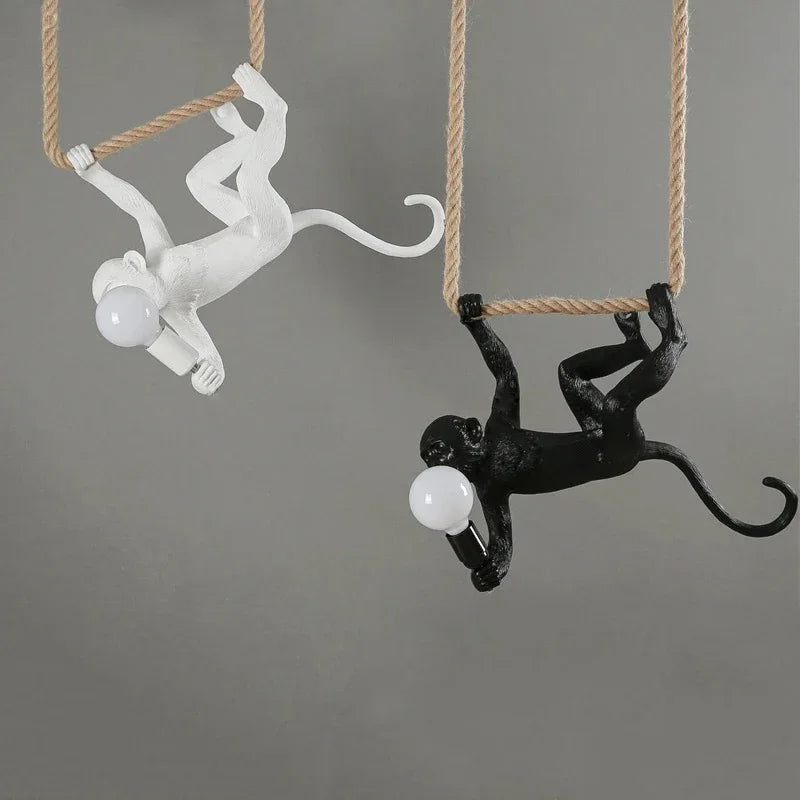 Nordic Creative Ceiling Hemp Rope Pendant Lamp Resin Monkey Lamp Bedroom Children'S Room Home Decoration Lampara Techo