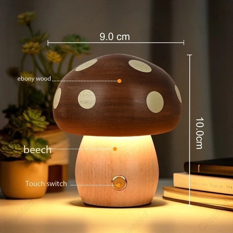 Creative LED Solid Wood Mushroom Night Light Bedroom Bedside Atmosphere Lighting Children'S Room Desk Lamp