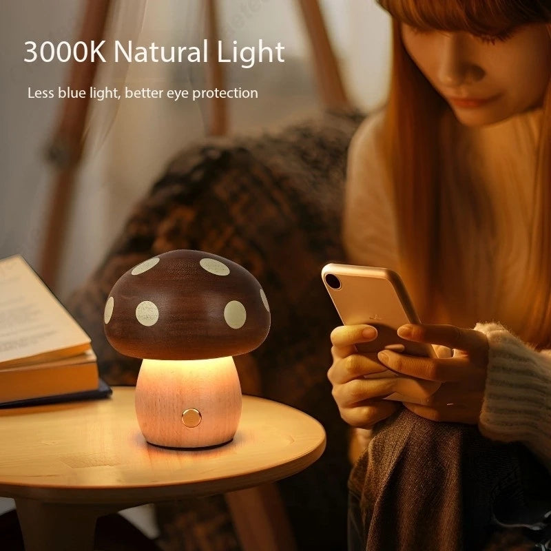 Creative LED Solid Wood Mushroom Night Light Bedroom Bedside Atmosphere Lighting Children'S Room Desk Lamp