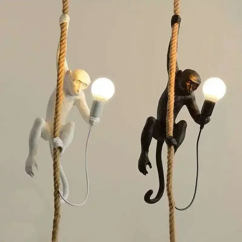 Nordic Creative Ceiling Hemp Rope Pendant Lamp Resin Monkey Lamp Bedroom Children'S Room Home Decoration Lampara Techo