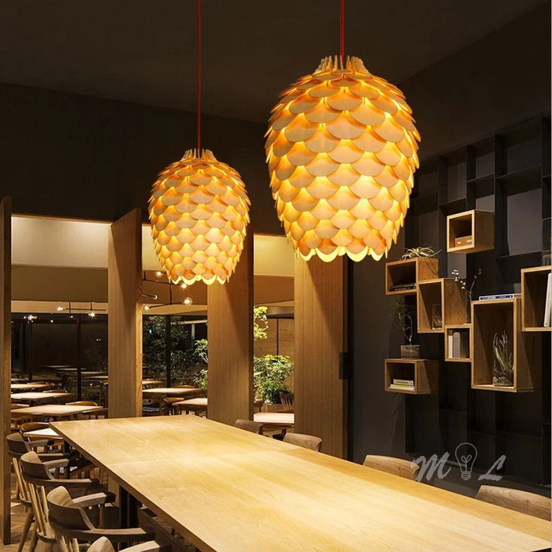 Chinese Style Wood Pendant Lights Pine Cone Hanging Lamps Home Deco Art Light Fixture Loft Living Room Restaurant Bar Luminaria