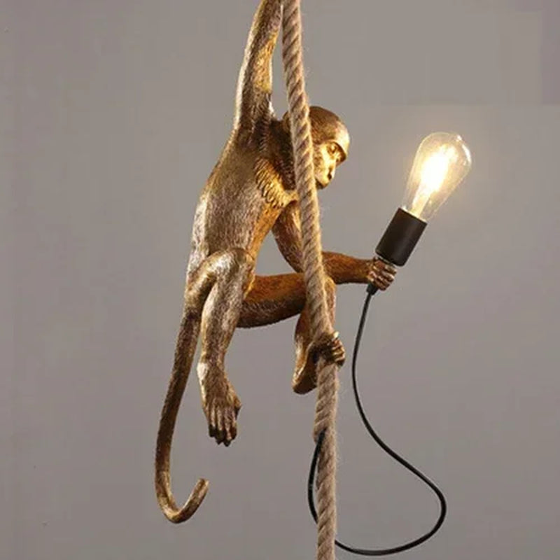 Nordic Creative Ceiling Hemp Rope Pendant Lamp Resin Monkey Lamp Bedroom Children'S Room Home Decoration Lampara Techo